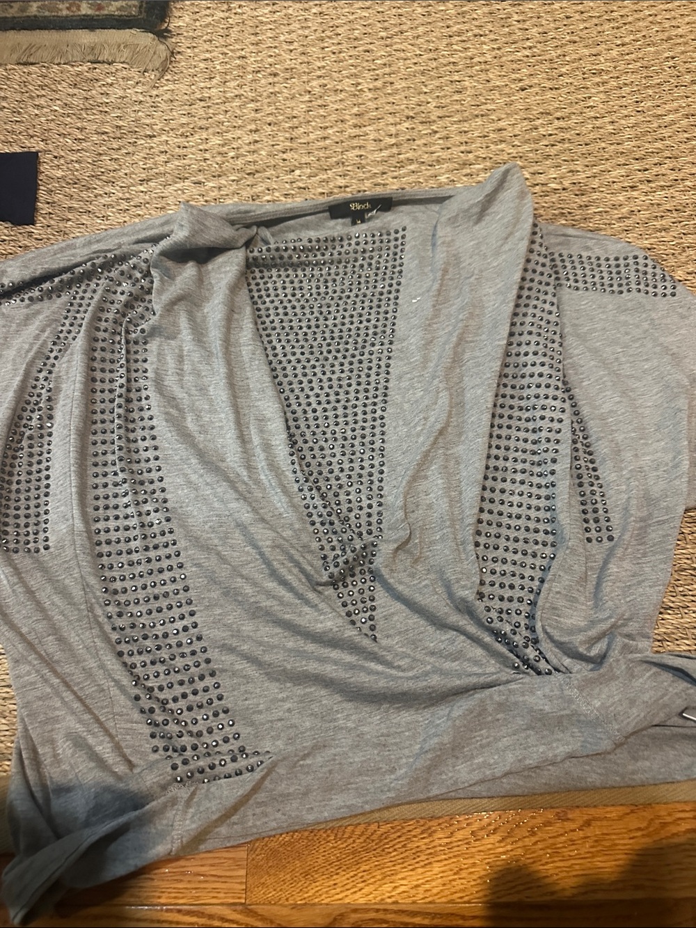 Black Gray Studded V-Neck Draped Sweater